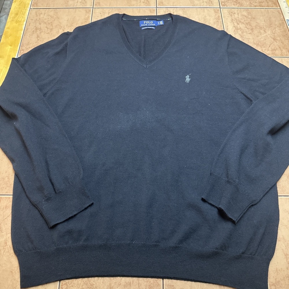 Polo Ralph Lauren Sweater Mens XL Black Washable Merino Wool V Neck‎ Pony Logo